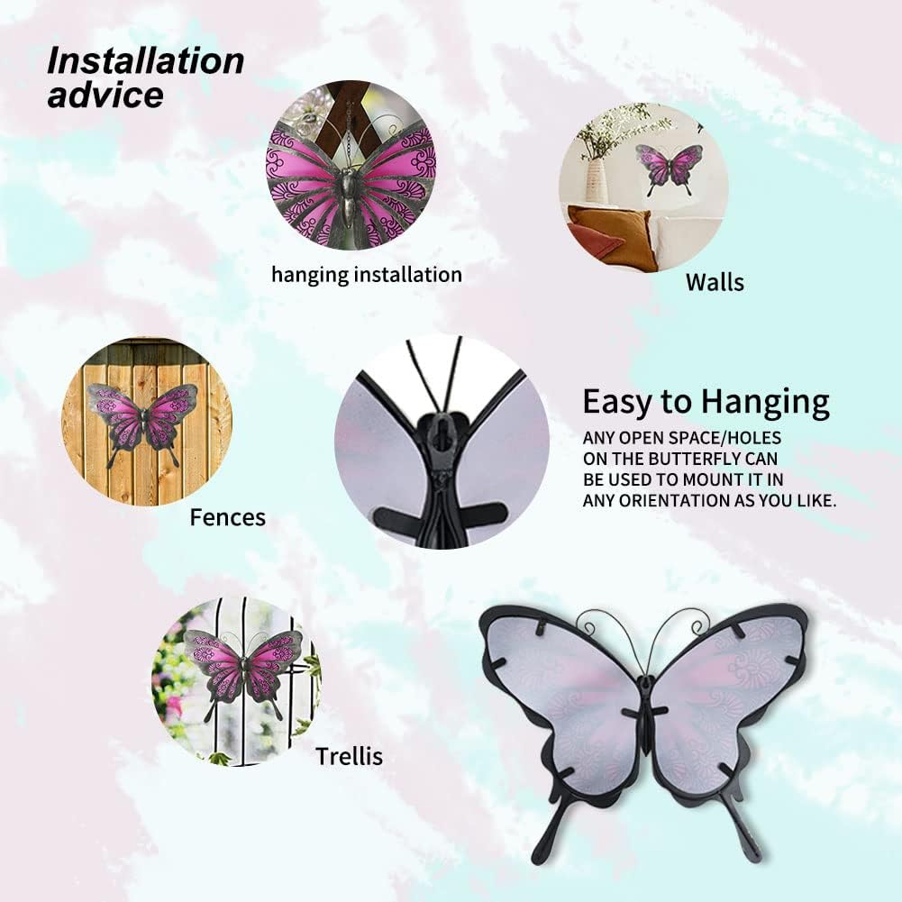 LIFFY Metal Butterfly Wall Decor, 12" Glass Butterfly Wall Art for Outdoor, Hanging Garden Decorations for Yard Fence Patio