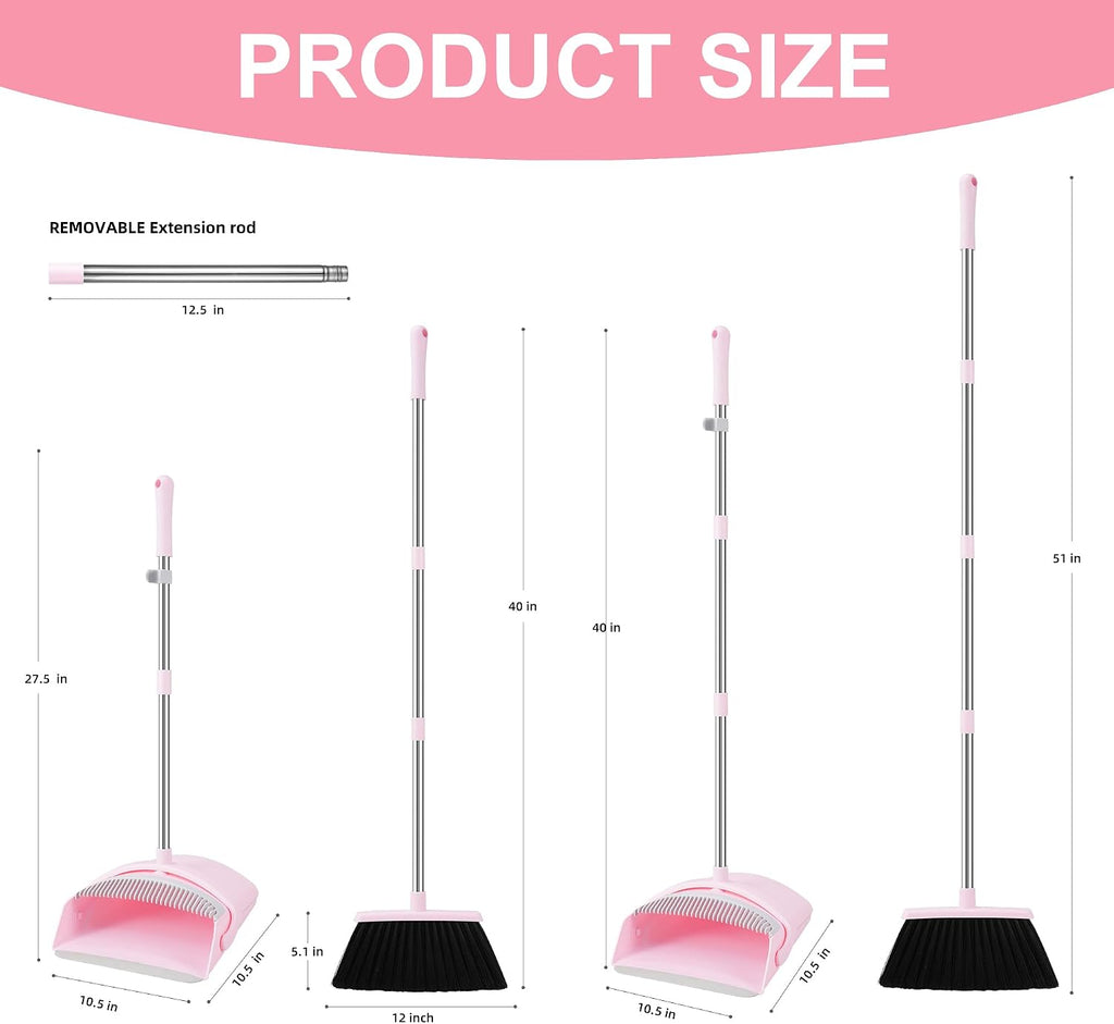 BSKLIN Broom and Dustpan Set for Home, 52” Long Handle Broom with Dustpan Combo Set with Dust Pan Teeth to Clean Hair Sweeping Set for Kitchen Hardwood Floors Pet Hair (Pink)