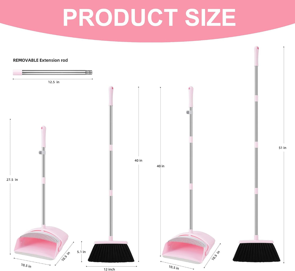 BSKLIN Broom and Dustpan Set for Home, 52” Long Handle Broom with Dustpan Combo Set with Dust Pan Teeth to Clean Hair Sweeping Set for Kitchen Hardwood Floors Pet Hair (Pink)