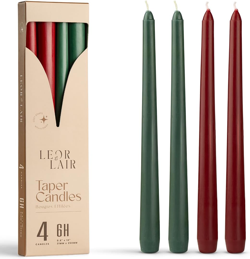 Leor & Lair Christmas Taper Candles, Set of 4, 10 Inch, Red & Green