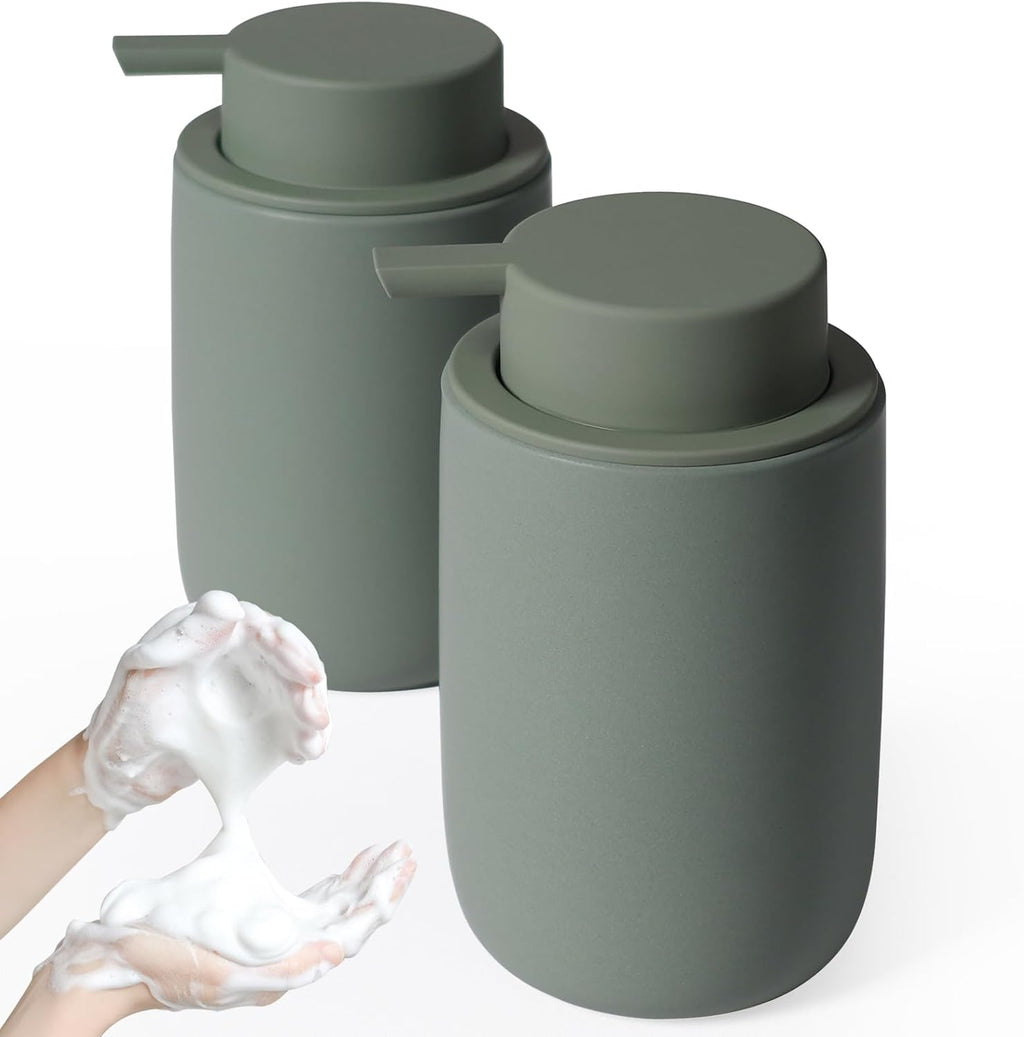 INGOFIN Ceramic Foaming Soap Dispenser Set, 2 Pack (12 oz) Bathroom Foam Hand Soap Dispenser with Pump, Hand and Dish Dispenser Set with 8 Pcs Clear Stickers,for Kitchen- Matte Green
