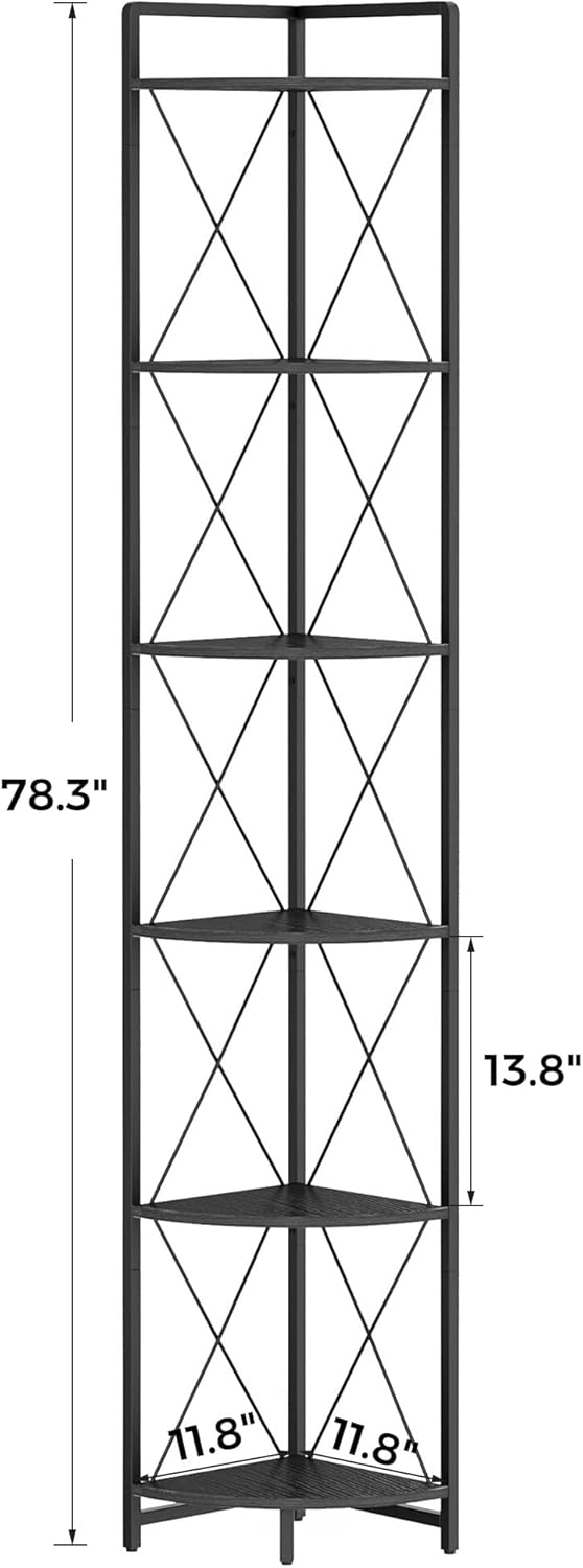 6 Tier Corner Shelf Stand, 78" H Tall Corner Bookshelf, Black