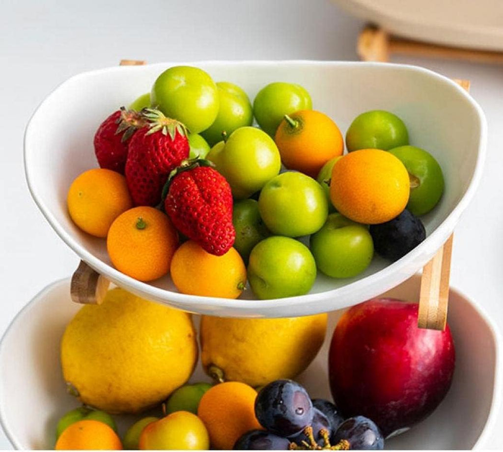 jessie 3 Tier Fruit Bowl Ceramic with Wooden Stand Fruit Bowl for Kitchen Counter for Storage Vegetable Fruit Cup Cake Dessert, White