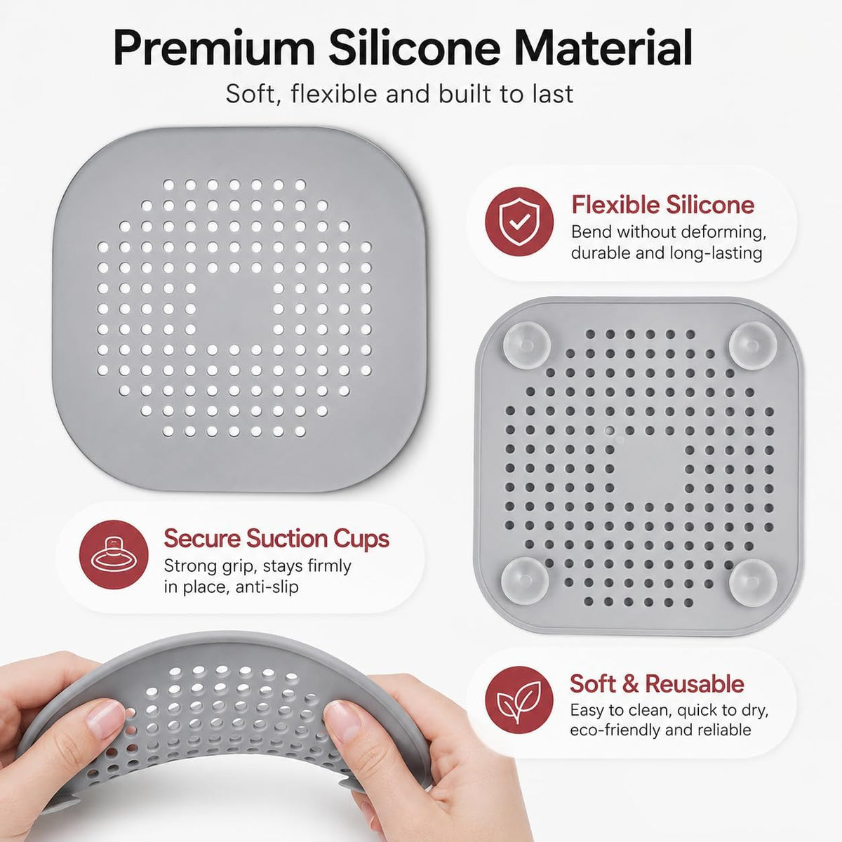 Hair Drain Catcher Set, Square Shower Cover 4-Pack (Grey) | Silicone Hair Stopper with Strong Suction Cups, Bathroom and Sink Protector Accessories, Simple Installation for Tub and Basin