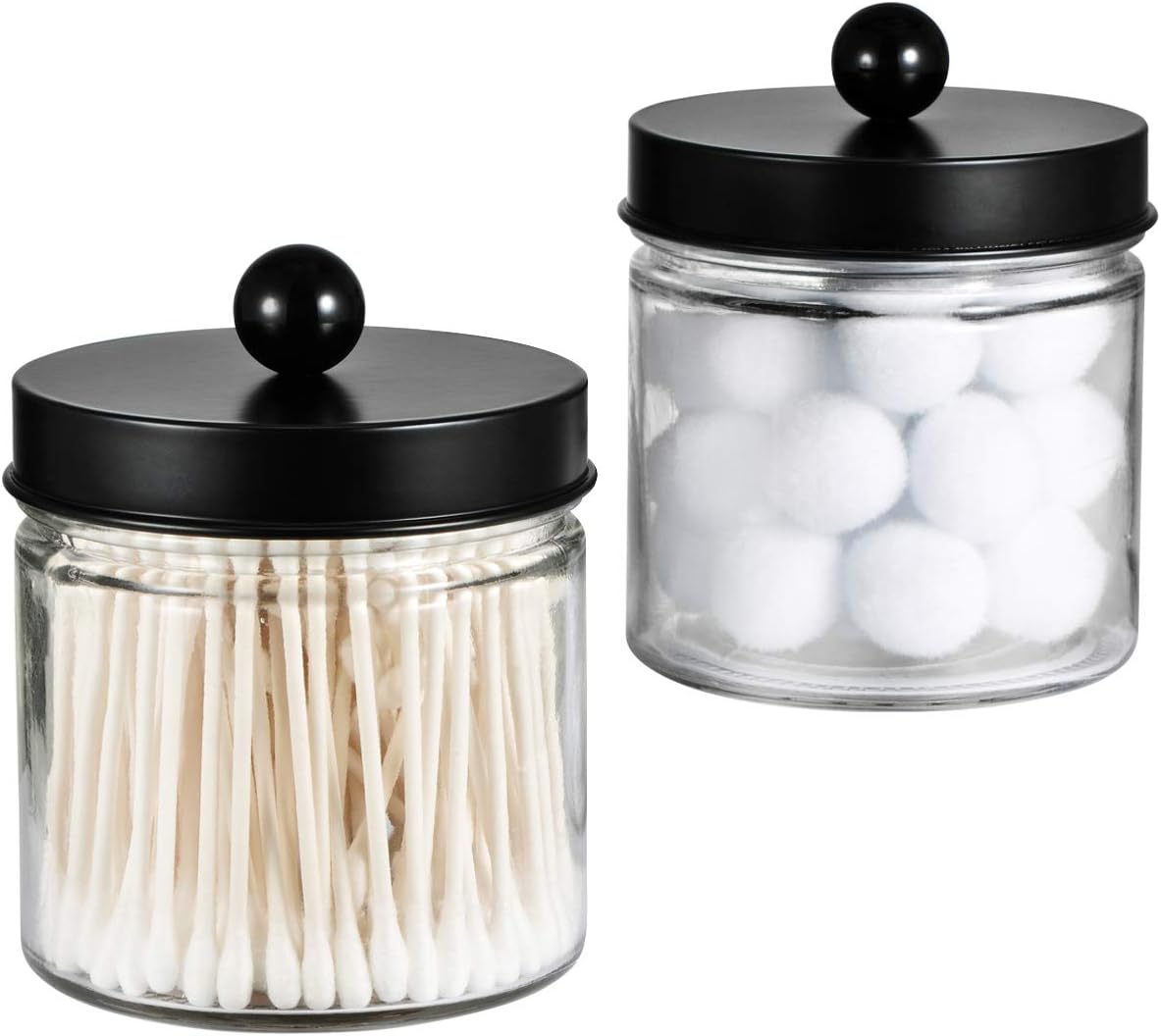 SheeChung Glass Mason Jar Qtip Holder, Black Stainless Steel Lids, 2 Pack