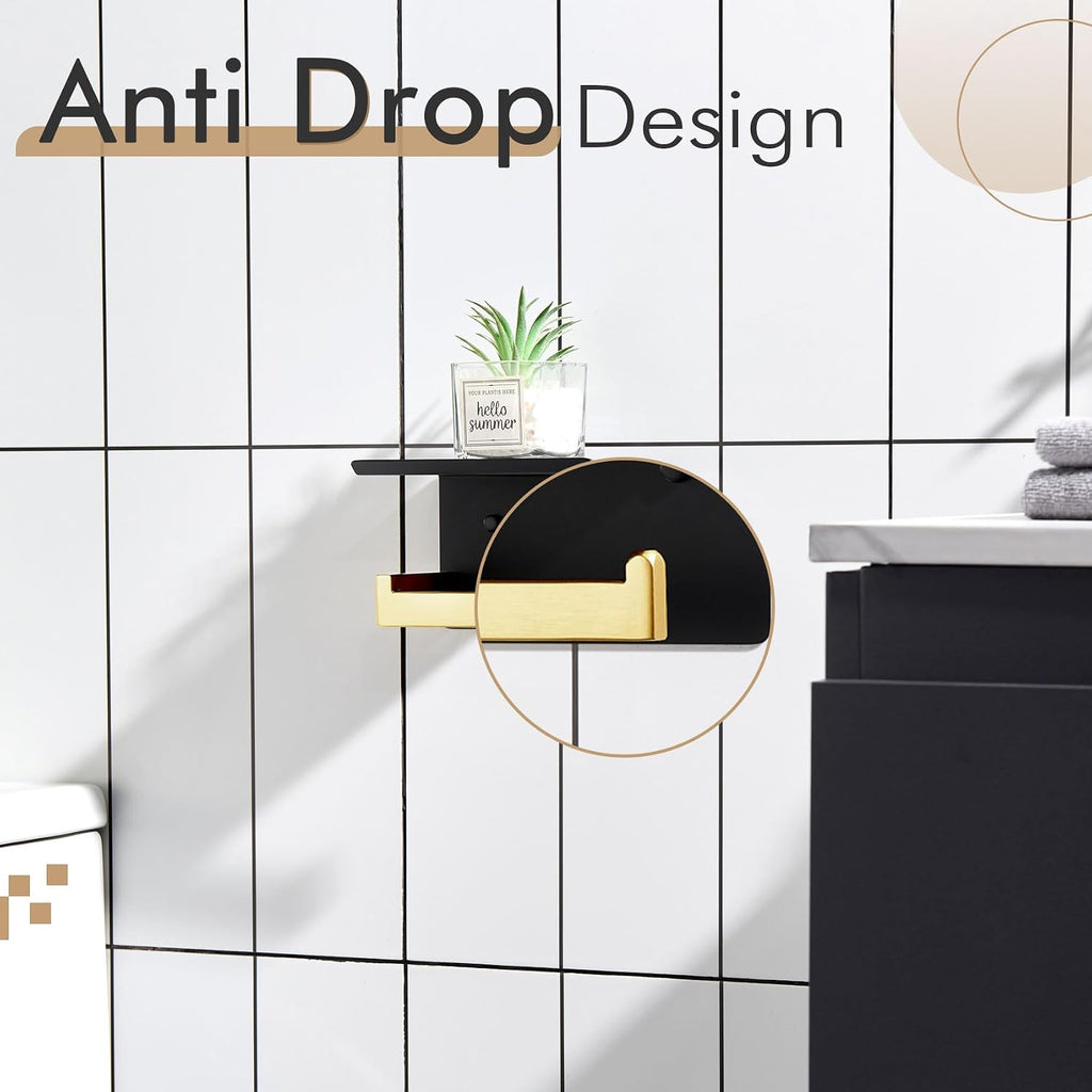 KOKOSIRI Toilet Paper Holders with Shelf Bathroom Toilet Paper Roll Holder Wall Mounted T-304 Stainless Steel, Matte Black and Gold B2010GDK (Pack of 2)