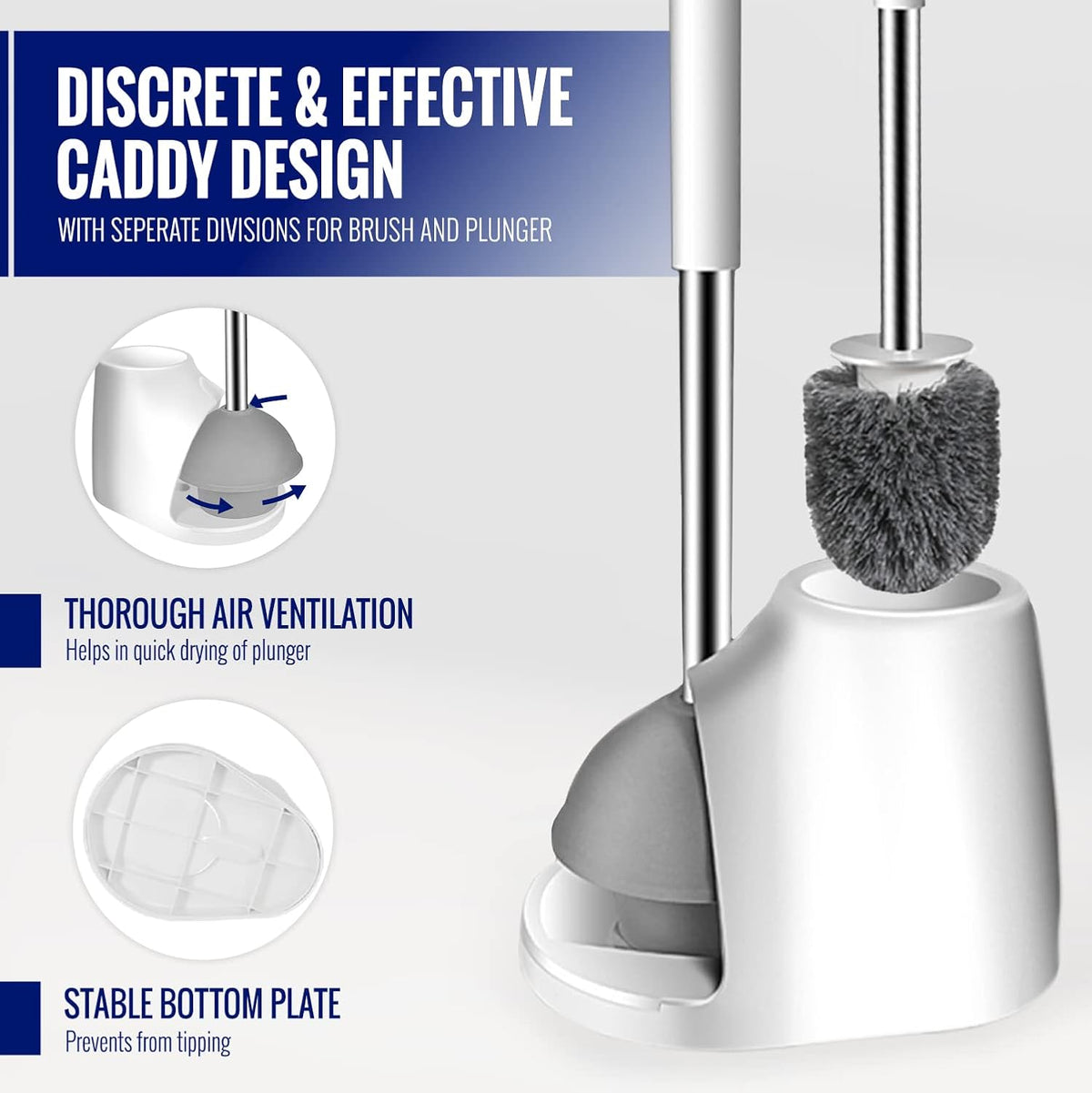 True Fresh Toilet Brush and Plunger Set with Holder Caddy -Stainless Steel Brush and Toilet Plunger for Heavy Duty -2-in-1 Scrubber Combo with Hidden Tweezer & Extendable Plastic Handle