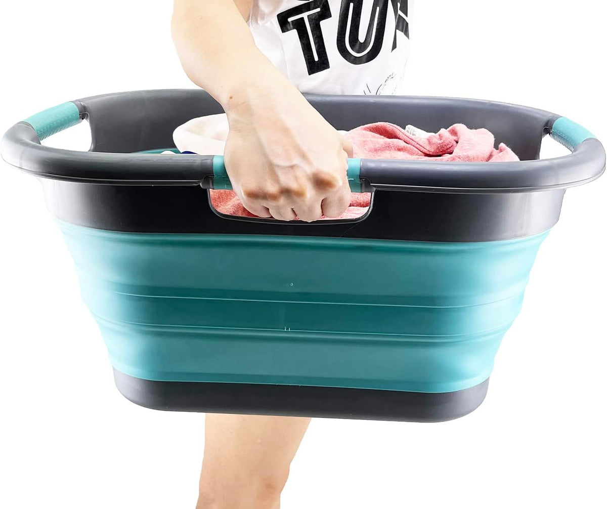 SAMMART 30L (7.9 gallon) Collapsible Plastic Laundry Basket - Foldable Pop Up Storage Container/Organizer - Portable Washing Tub - Space Saving Hamper/Basket (Grey/Crystal Blue)