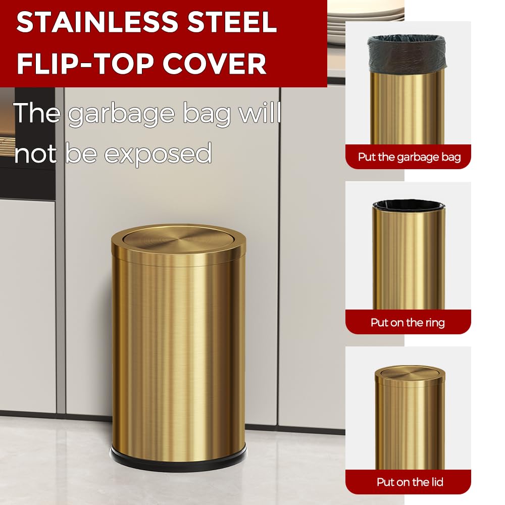 18L/4.7GAL Gold Bathroom Trash Can with Lid,Brass Garbage Can with Flipping Lid,Brushed Stainless Steel for Bedroom,Living Room,Office,Guest Room (4.7gal-Gold)