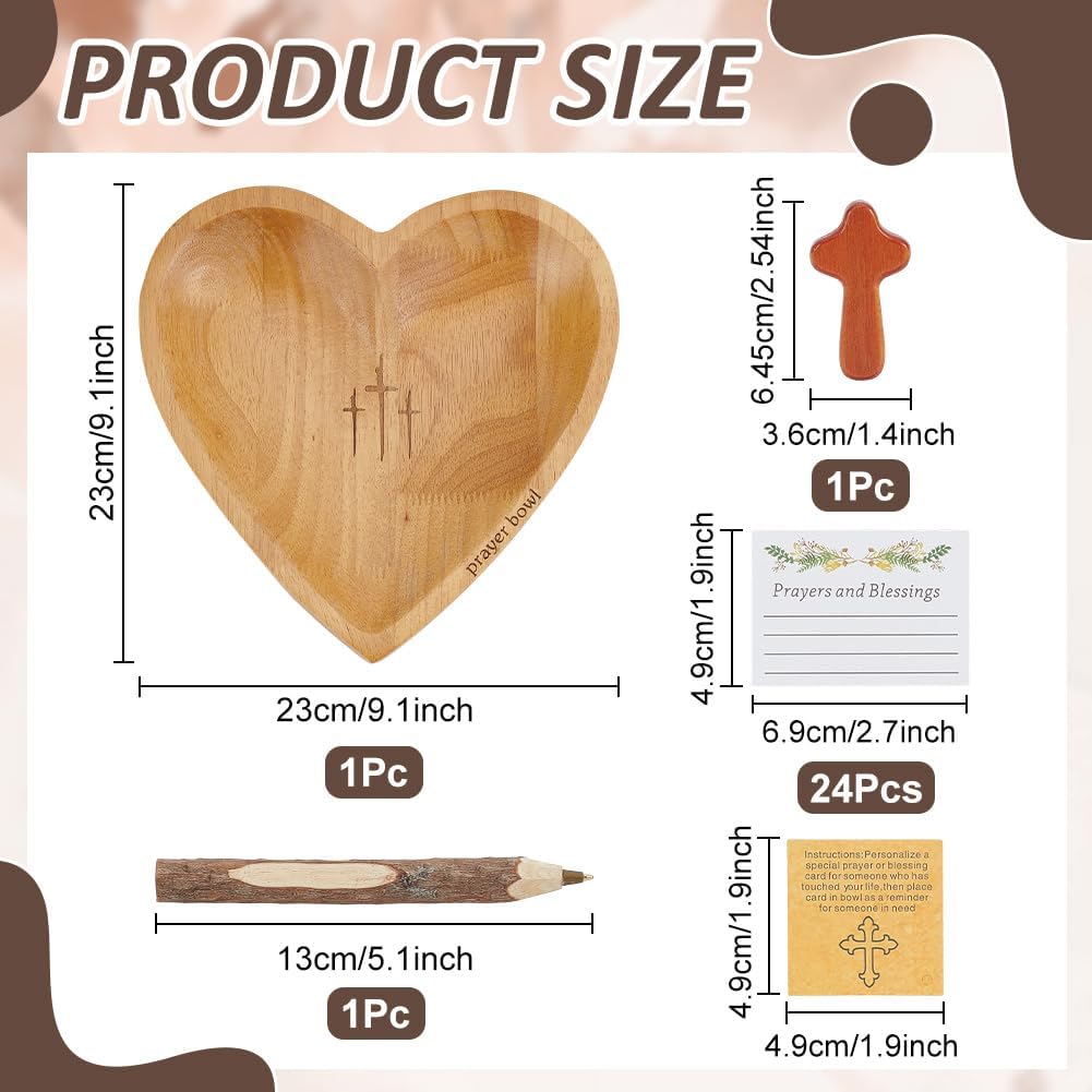 Handcrafted Wooden Heart Bowl, Prayer Decor Set with Cross, Cards and Pen | Decorative Wooden Prayer Bowl for Christian Home Decor, Mantel, Table Centerpiece, Perfect for Easter