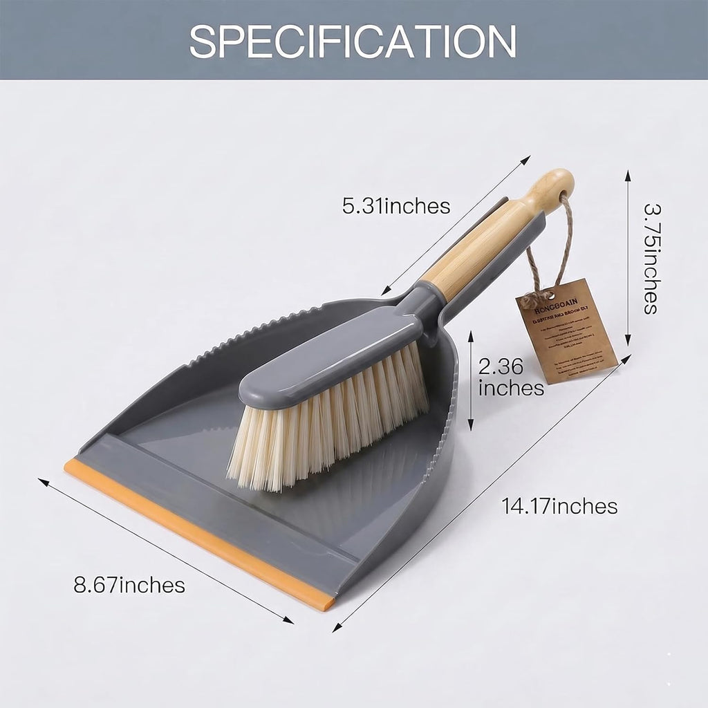 Dust Pan and Brush Set - Small Hand Broom with Dust Pan with Rubber Lip, Comfortable Use for Home, Office, Pet Hair Cleaning, 14 x 8.7 inch, Grey Orange