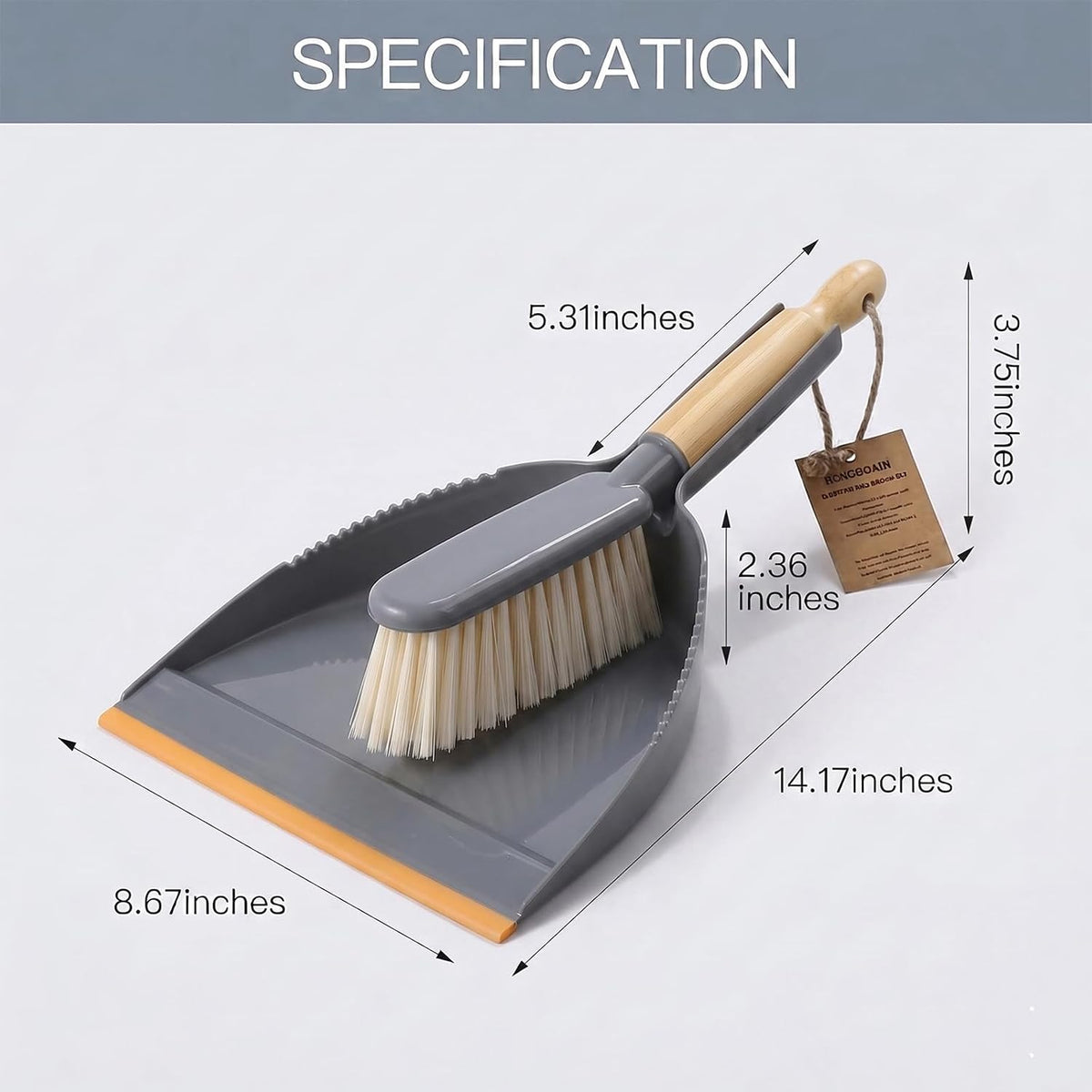 Dust Pan and Brush Set - Small Hand Broom with Dust Pan with Rubber Lip, Comfortable Use for Home, Office, Pet Hair Cleaning, 14 x 8.7 inch, Grey Orange