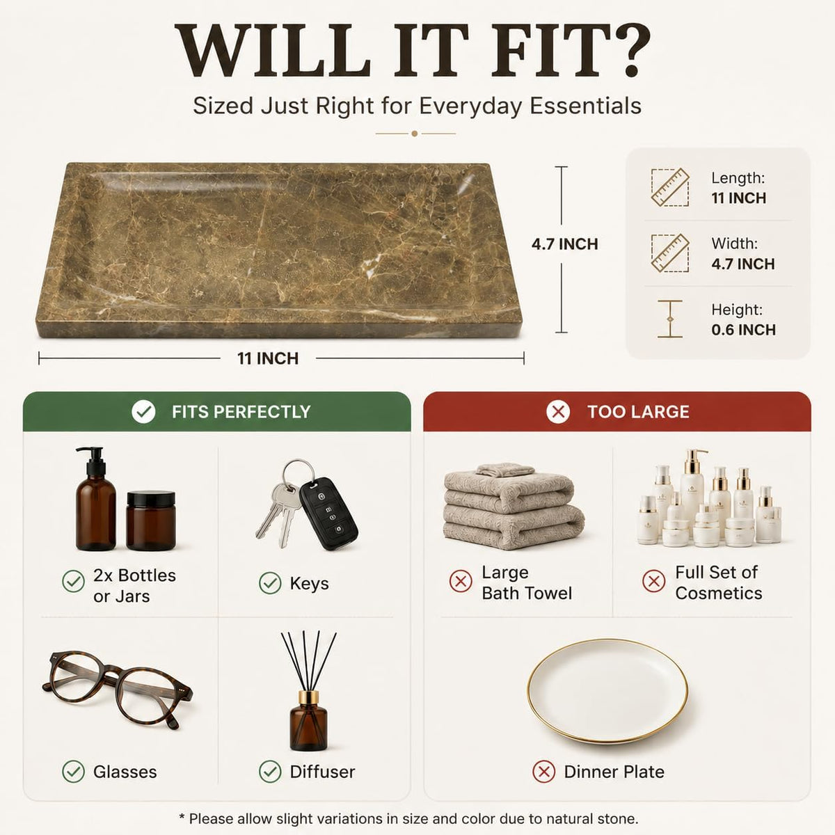 Brown Marble Vanity Tray, Small Genuine Stone Decorative Tray for Bathroom Counter, Perfume, Cologne, Jewelry, Candle, Coffee Table & Kitchen Counter Organizer, 11 x 4.7 Inch