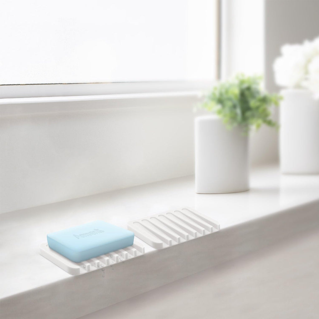 Anwenk Flexible Silicone Soap Dish Shower Waterfall Tray Saver Holder Drainer for Shower/Bathroom/Kitchen/Counter Top, Keeps Soap Bars Dry and Clean, Easy to Clean - White, 2 Pack