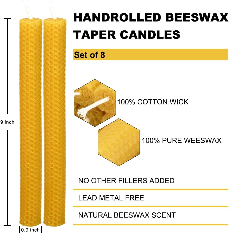9" Hand-Rolled Beeswax Taper Candles, Honeycomb, 16-Pack, Natural