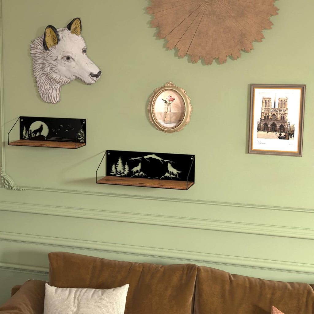 Giftgarden Floating Shelves for Wall with Unique Howling Wolves Cutout, Rustic Wolf Decor Wood Iron Hanging Shelf Decoration for Bedroom Bathroom Storage Cabin Lodge, Black