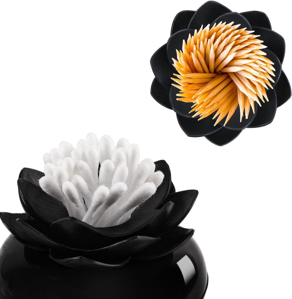 Bloss Lotus Cotton Swab Holder, Qtip Dispenser, Toothpicks Container-Black