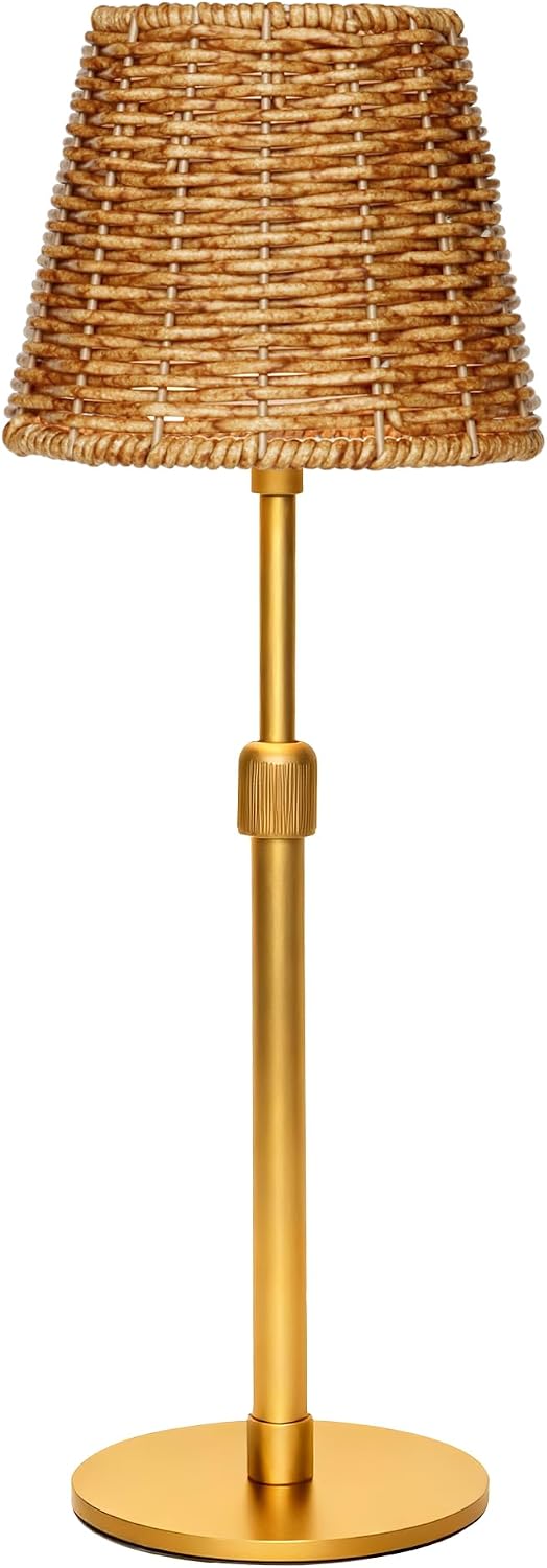 Mr.White Outdoor Waterproof Rechargeable Cordless Table Lamp with Wicker Shade, 5200mAh Battery Operated Table Light with Telescopic Pole, for Patio Restaurant Kitchen (Gold)