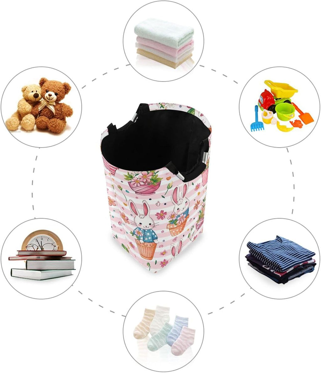 Nander Cute Bunny Laundry Hamper Oxford Cloth Fabric Laundry Basket Collapsible Storage Bin with Aluminum Circle Handles, Waterproof Inner