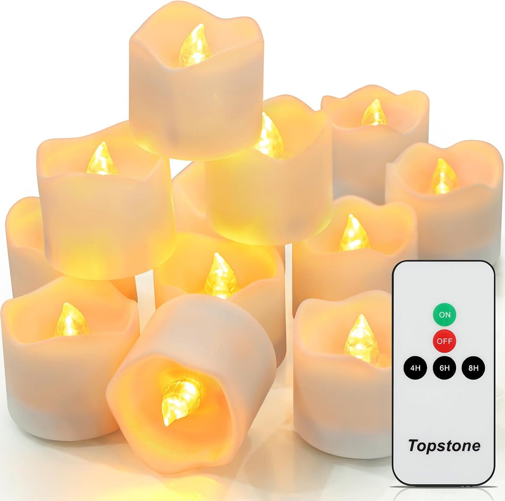 Topstone Flickering Flameless Fake LED Tea Lights with Dual Remotes, Dimmable Steady & Flicker Modes, 12 Pack Bulk Battery Operated Candles for Christmas Halloween Holiday Decor