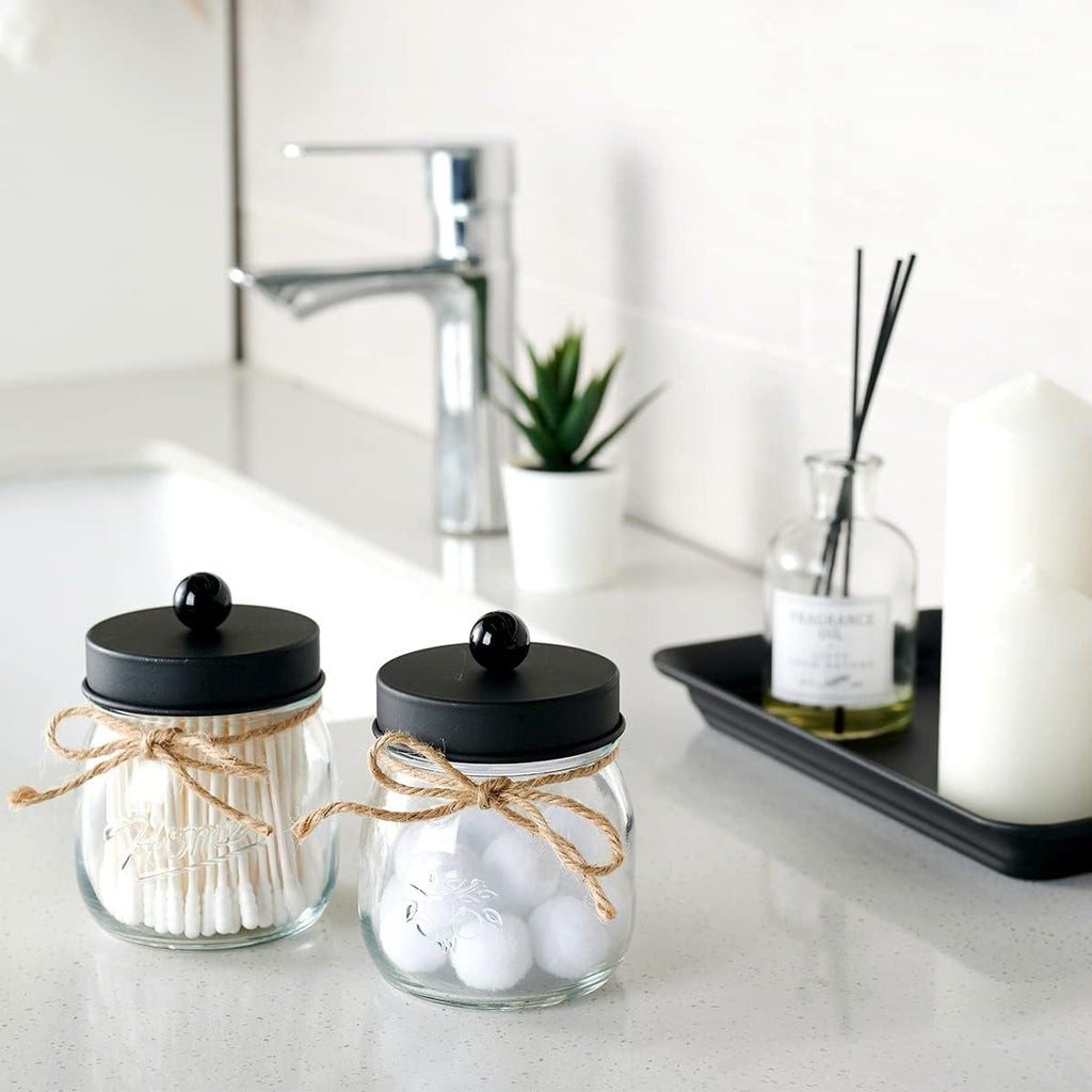 Amolliar Glass Mason Jar Qtip Dispenser Holder/Black, 2 Pack