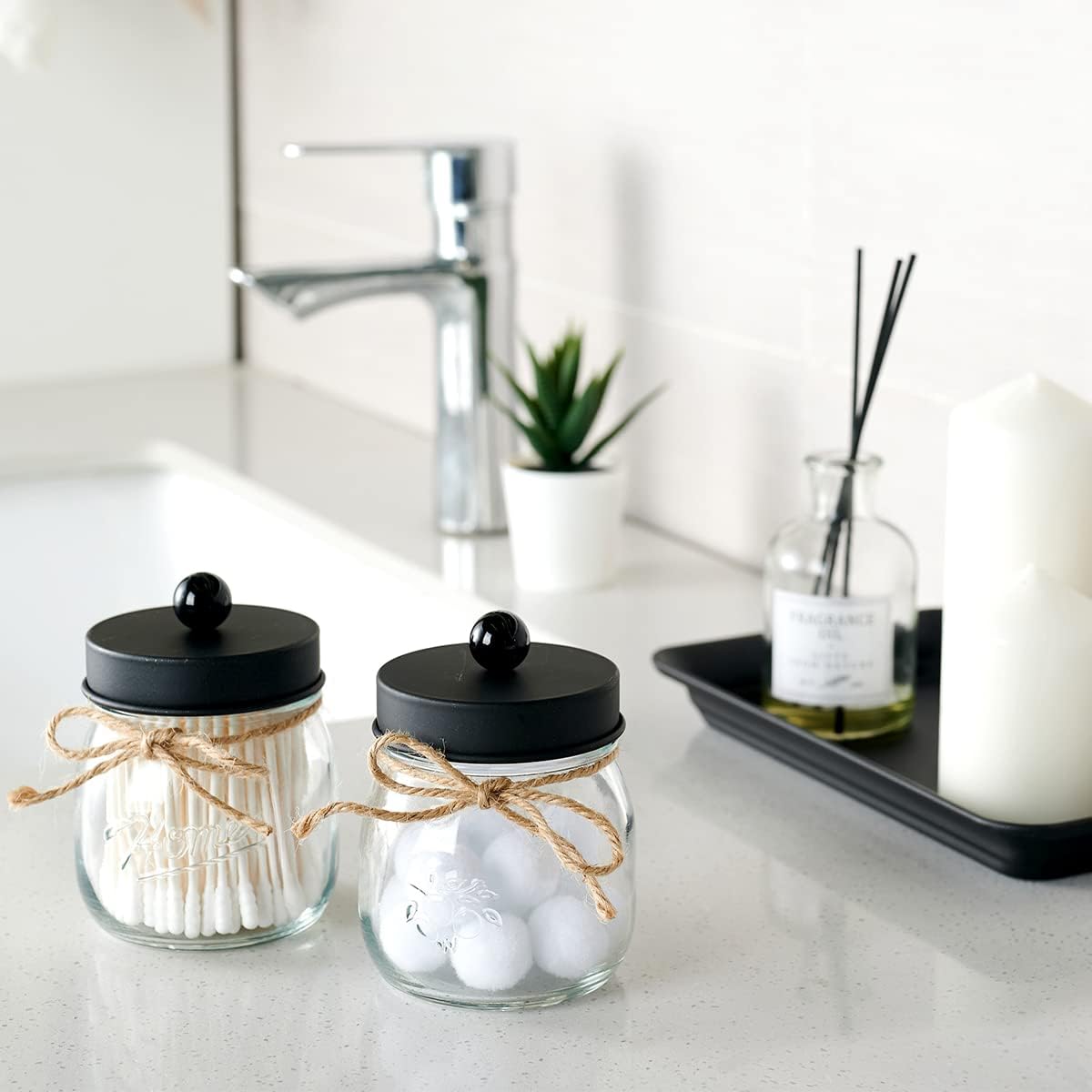 Amolliar Glass Mason Jar Qtip Dispenser Holder/Black, 2 Pack