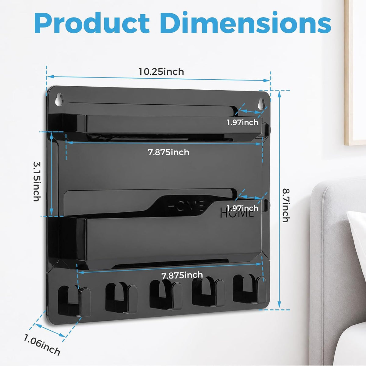 Wall Mount Shelf Organizer, Adhesive Bedside Shelf Accessories with Hooks and Cable Clips, Dorm Room Wall Storage for Phone, Remote, Earphone, Kindle, Plastic(Black)