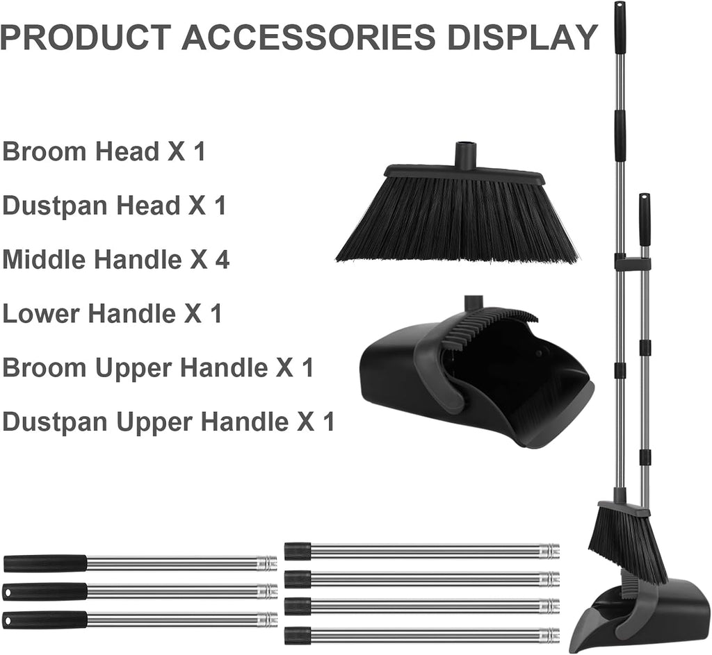 Black Broom and Dustpan Combo Set, 55" Long Handle Broom