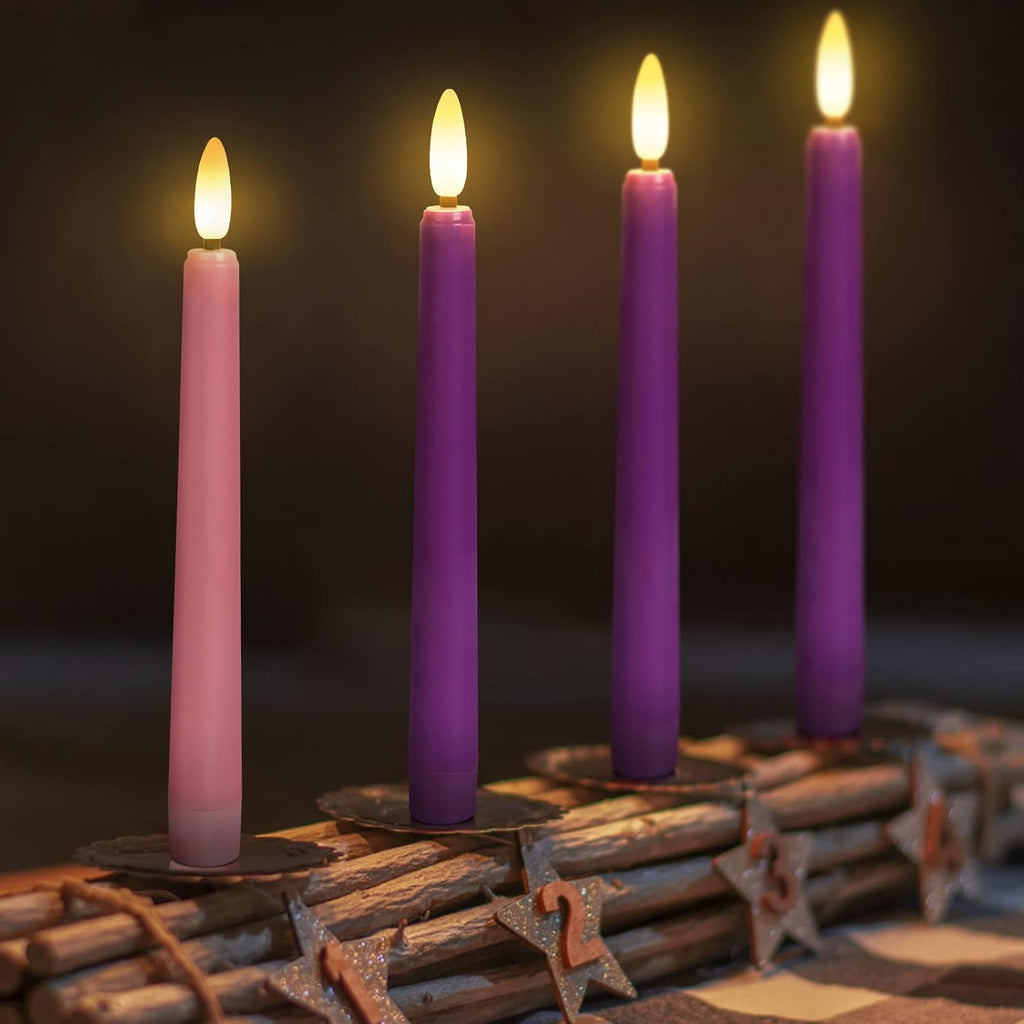 Daord 7.9" Advent Taper Candles Set of 4 Christmas LED Flameless Long Candle 3 Purple and 1 Pink for Advent Rituals Festival and Special Occasions Church Decor(3Purple+1Pink(A))