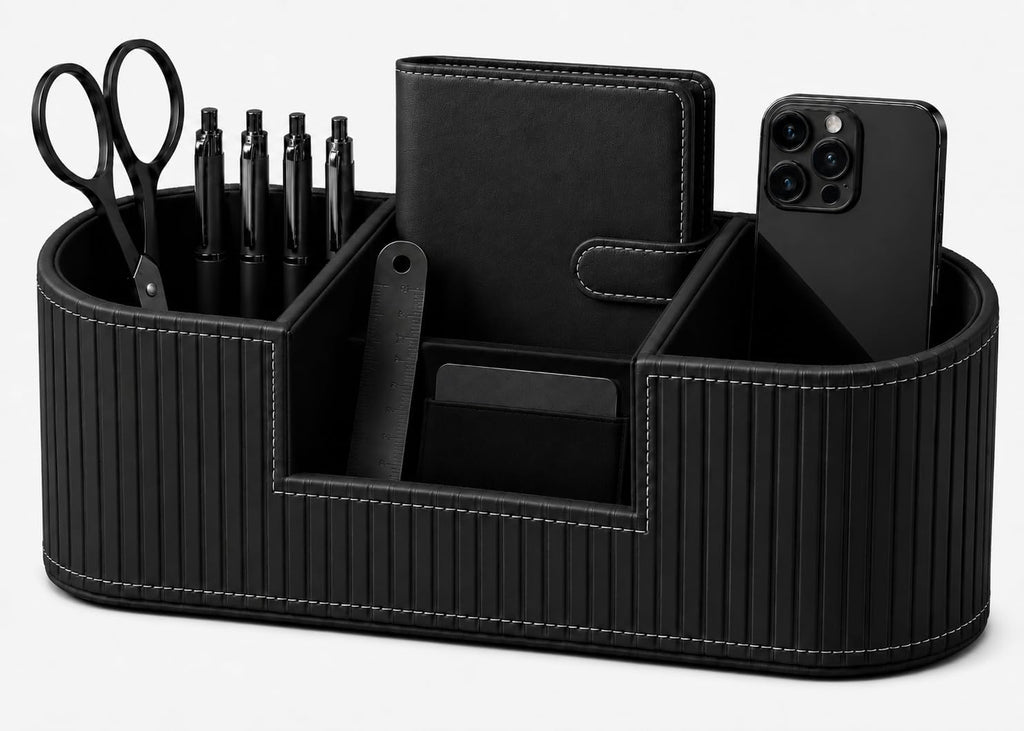 KINGFOM Modern Leather Desk Organizer for Men & Women, Aesthetic Office Desk Accessories Organizer, Faux Leather Vanity Organizer for Pens, Makeup Brushes, Remote Controls, Black Minimalist Desk Decor