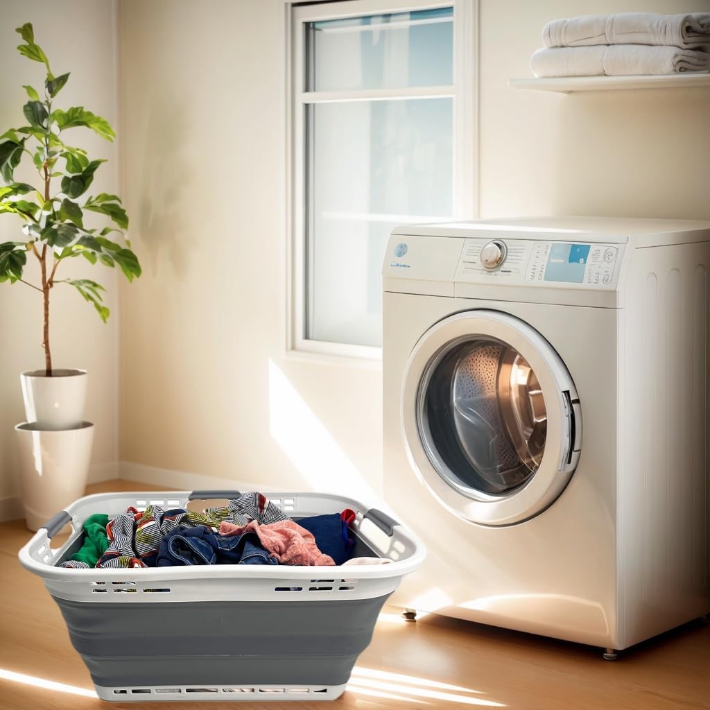 SAMMART 42L (11 Gallon) Collapsible Plastic Storage Basket - Foldable Pop Up Storage Container/Hamper - Portable Laundry Organizer - Space Saving (Grey/Steel Grey, 42L (Style B))