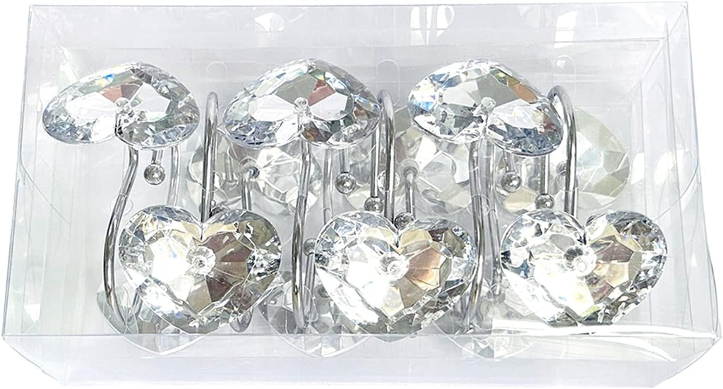 Romantic Angels 12PCS Shower Curtain Hooks Rings for Bathroom, Stainless Steel Rust Resistant Decorative Rhinestones Shower Curtain Hooks for Shower Curtains and Shower Rod (Silver Heart)