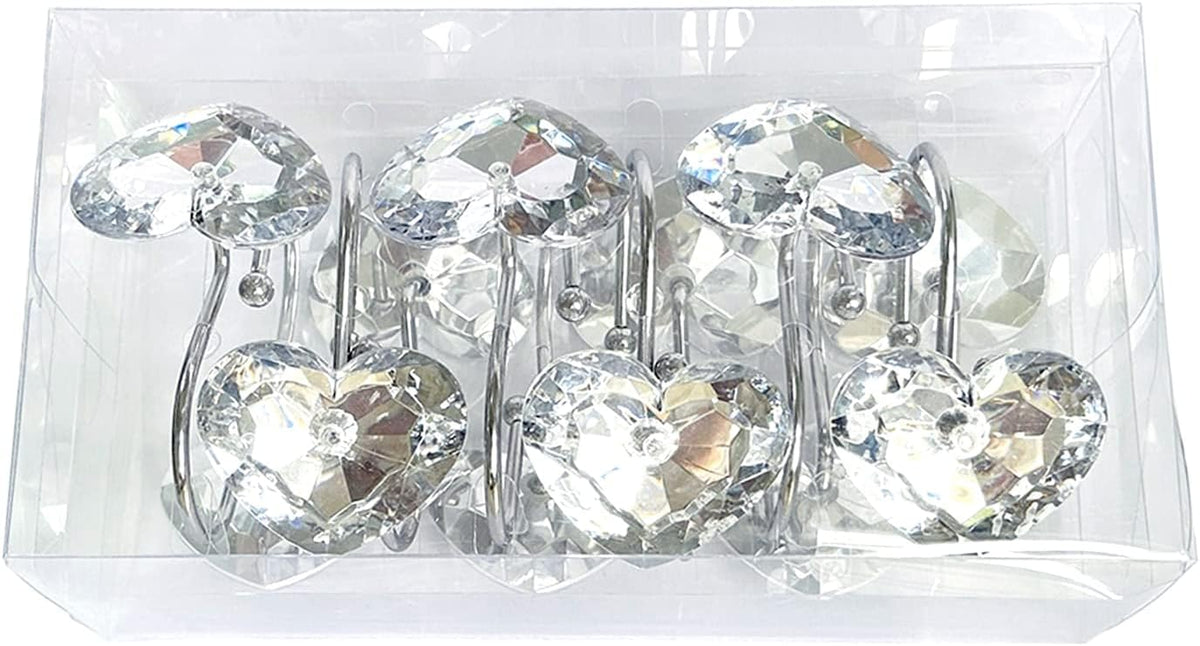 Romantic Angels 12PCS Shower Curtain Hooks Rings for Bathroom, Stainless Steel Rust Resistant Decorative Rhinestones Shower Curtain Hooks for Shower Curtains and Shower Rod (Silver Heart)