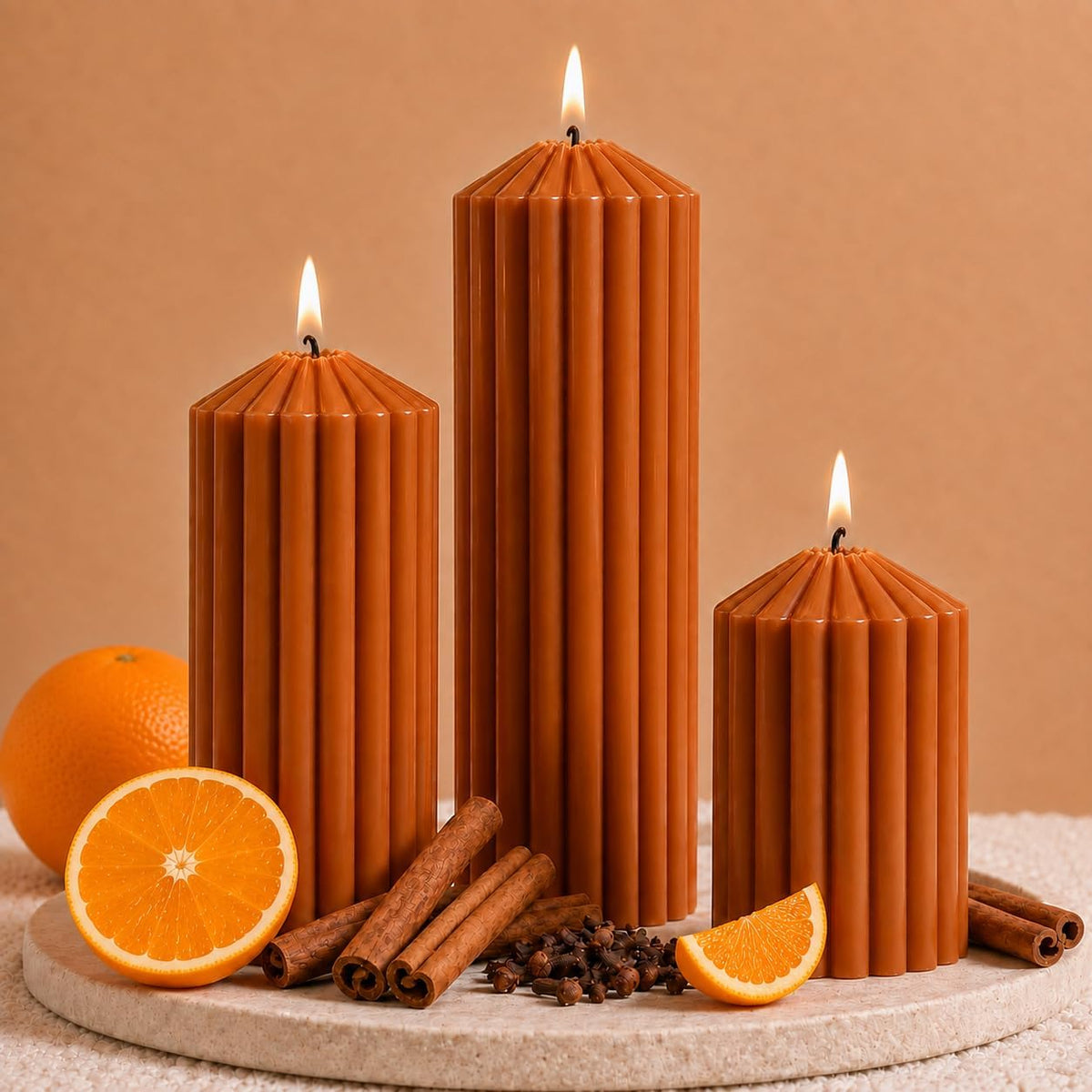 Ribbed Decorative Pillar Candles, 3 Pack,2.8 x 4/6/8 Inch, Burnt Orange