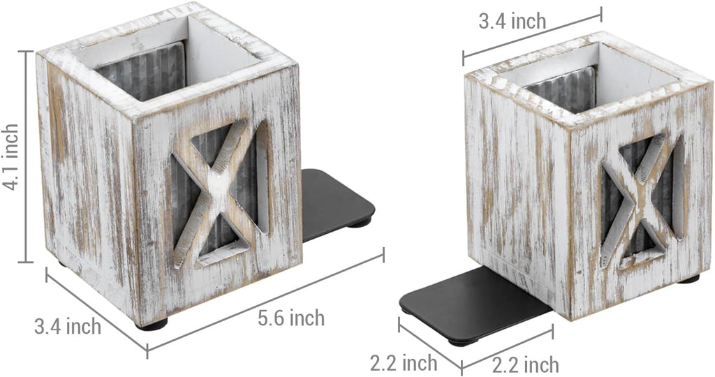 MyGift Decorative Bookends with Pencil Cup, Shabby Weathered White Washed Wood Bookends, Desktop Book Ends with Pen Holder Stationery Storage Bins for Home Office, Classroom, Dorm Room