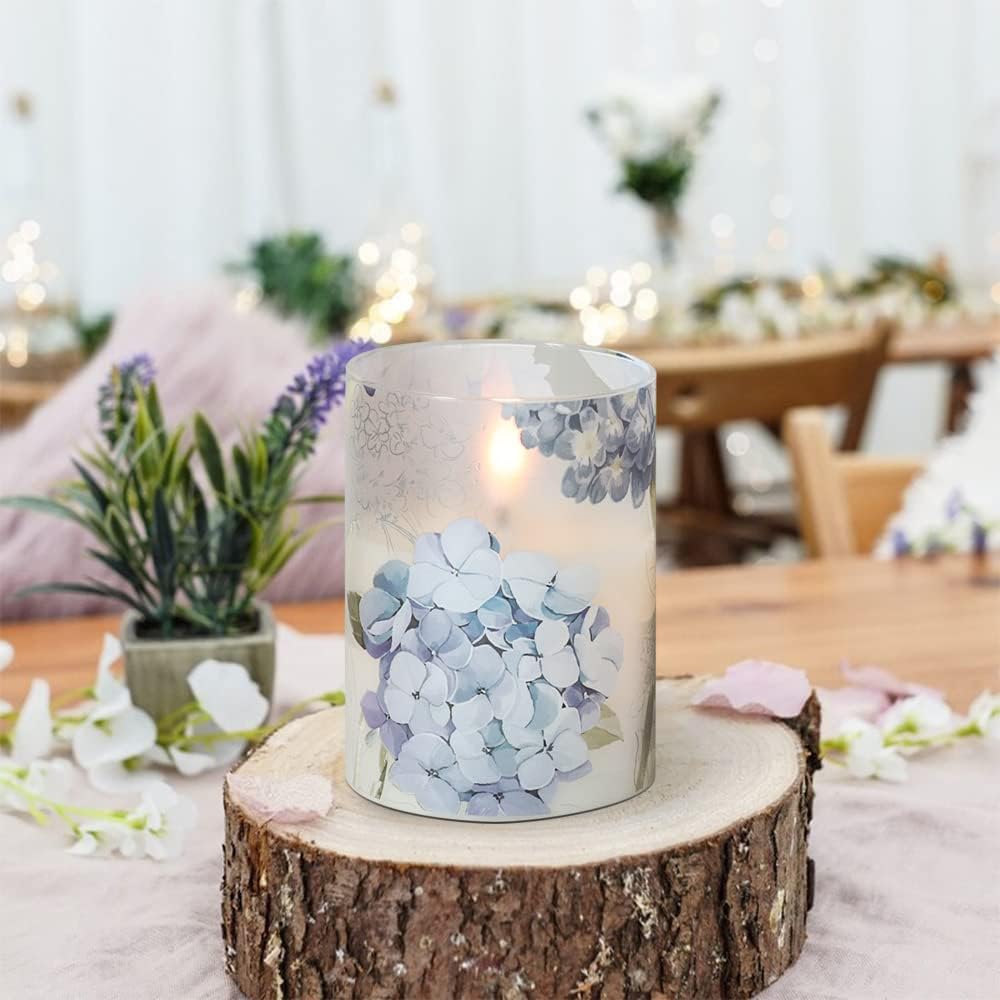 Hydrangea Glass Flameless Candles Batttery Operated Remote Timer