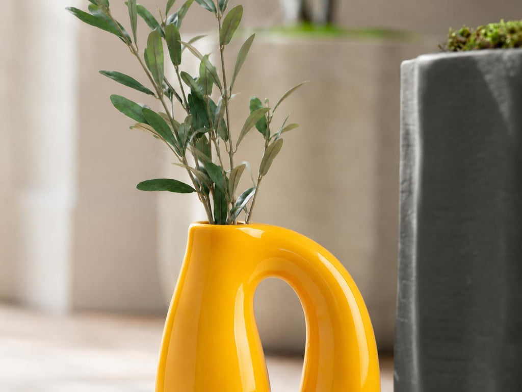 Yellow Ceramic Vase for Pampas, Boho Shelf & Table Decor
