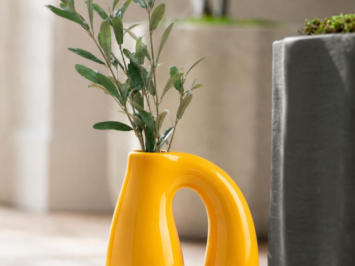 Yellow Ceramic Vase for Pampas, Boho Shelf & Table Decor