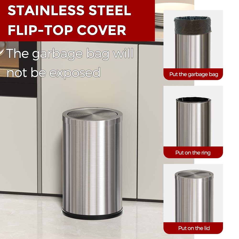 4.8GALStainless Steel Bathroom Trash Can with Lid, Silver Trash Can with Flipping Lid, Garbage cans for Kitchen，Living Room,Dental Office，Hotel,Guest Room(4.7gal-Silver)