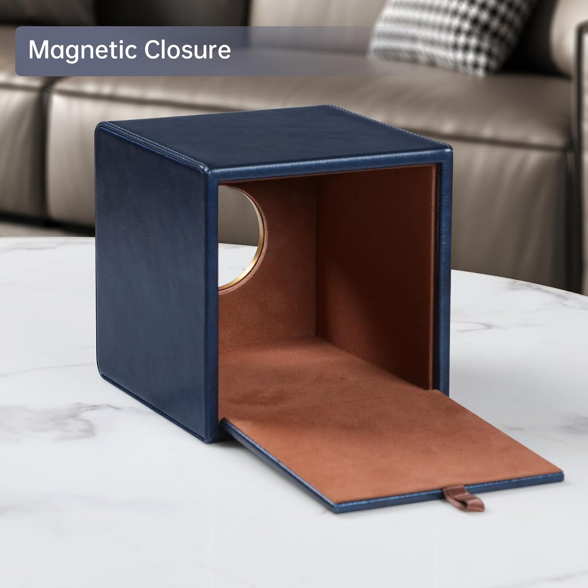 Square Tissue Box Cover with Magnetic Closure, Navy Blue