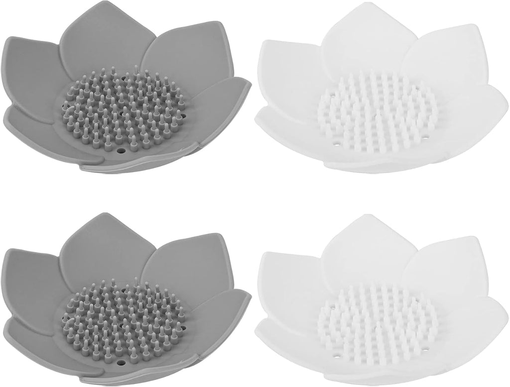 Framendino, 4 Pack Silicone Soap Dishes, Flexible Non-Slip Floral Shaped Design Self-draining Sponge Bar Holder Flower Shape Saver for Shower Bathroom Kitchen Sinks