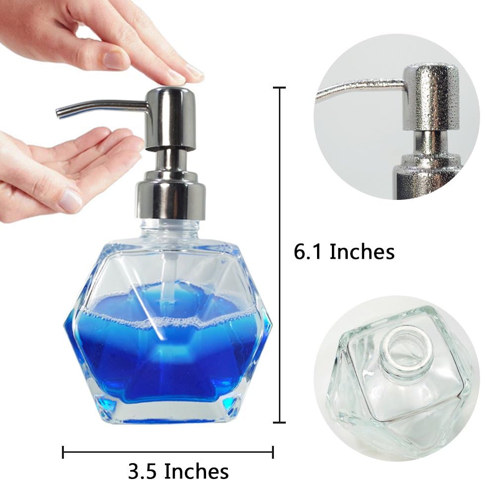 Modern Geometric Shape Clear Glass Soap Dispenser, Lotion Dispenser Bottle with Rust Proof Stainless Steel Pump for Kitchen, Bathroom Accessory, Countertop, Great for Soap, Lotions and Body Oil.
