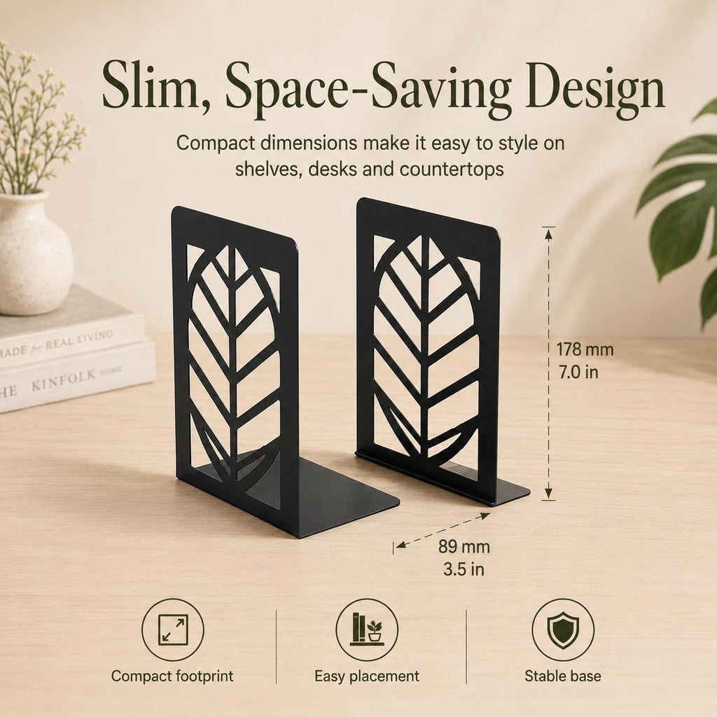 Leaf Vein Bookends, Set of 2 (1 Pair), Matte Black Metal Book Ends for Shelves, Bookshelf, Desk and Home Library Decor