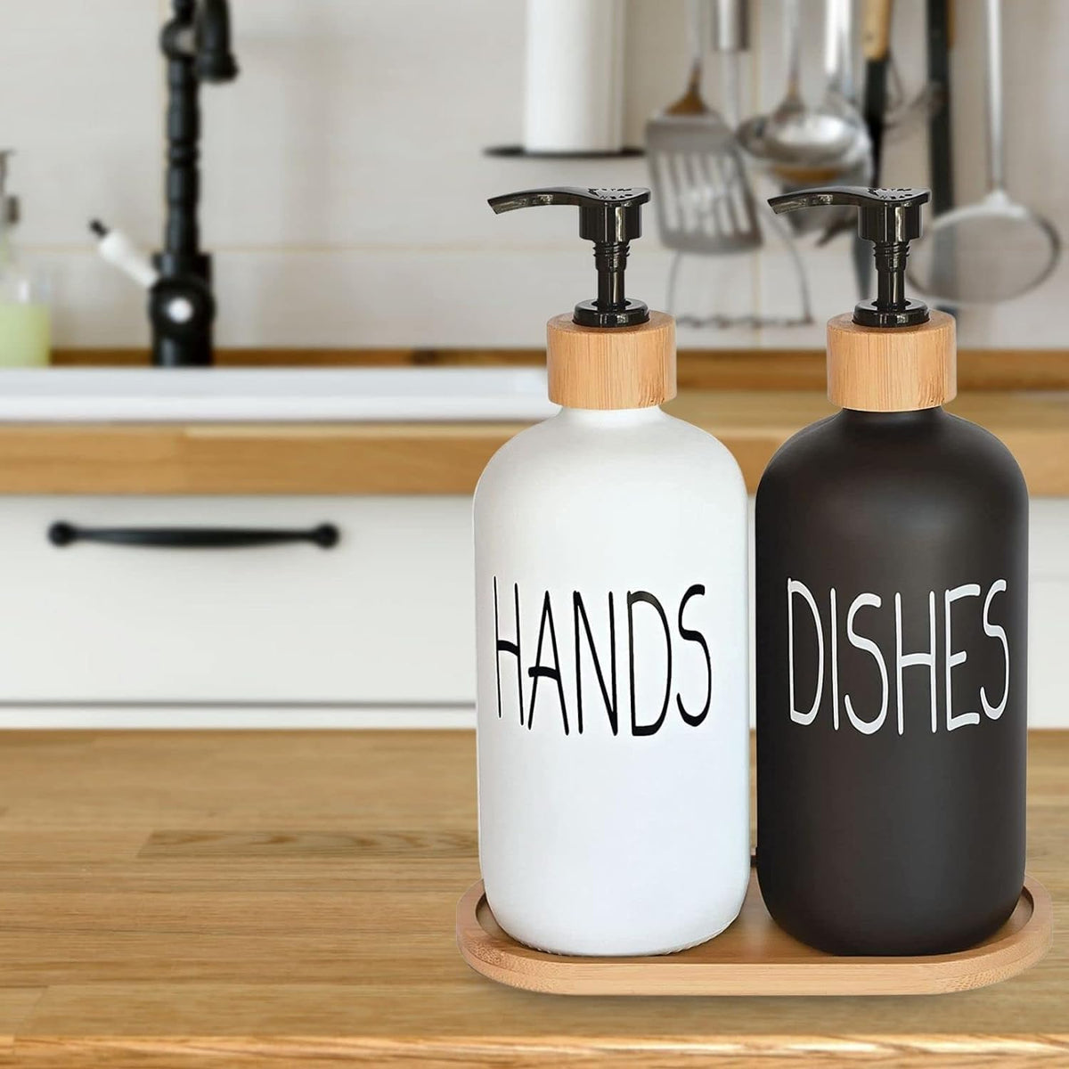 Glass Soap Dispenser Set, Hand Soap and Dish Soap Dispenser with Bamboo Tray. Vintage Soap Dispenser with Pump for Kitchen Drain Outlet and Bathroom. Stylish Permanent Labels (Matte Black&White)