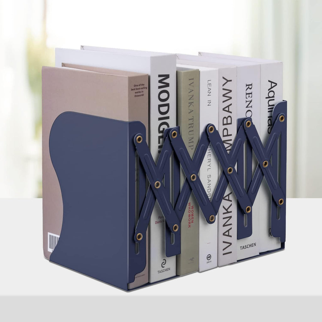 Honagu Adjustable Bookends, Metal Book Ends for Shelves Heavy Book, Desk Magazine File Organizer for Home, Office, Books, Papers, Extends up to 19 inches (Royal Blue)