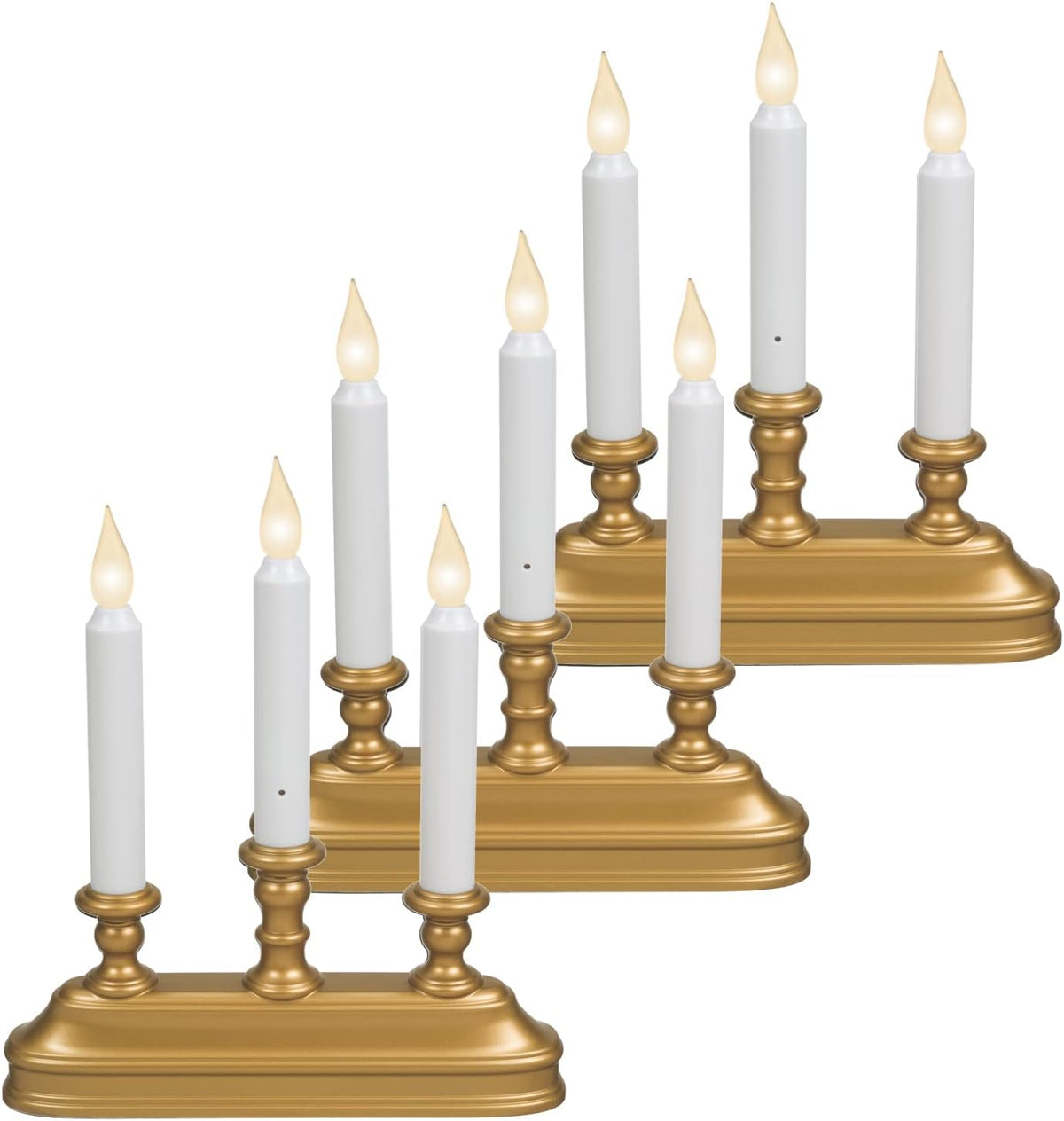 Xodus Battery Operated Window Candles, Gold/Brass, 3-Arm Candelabra, 3 Pack