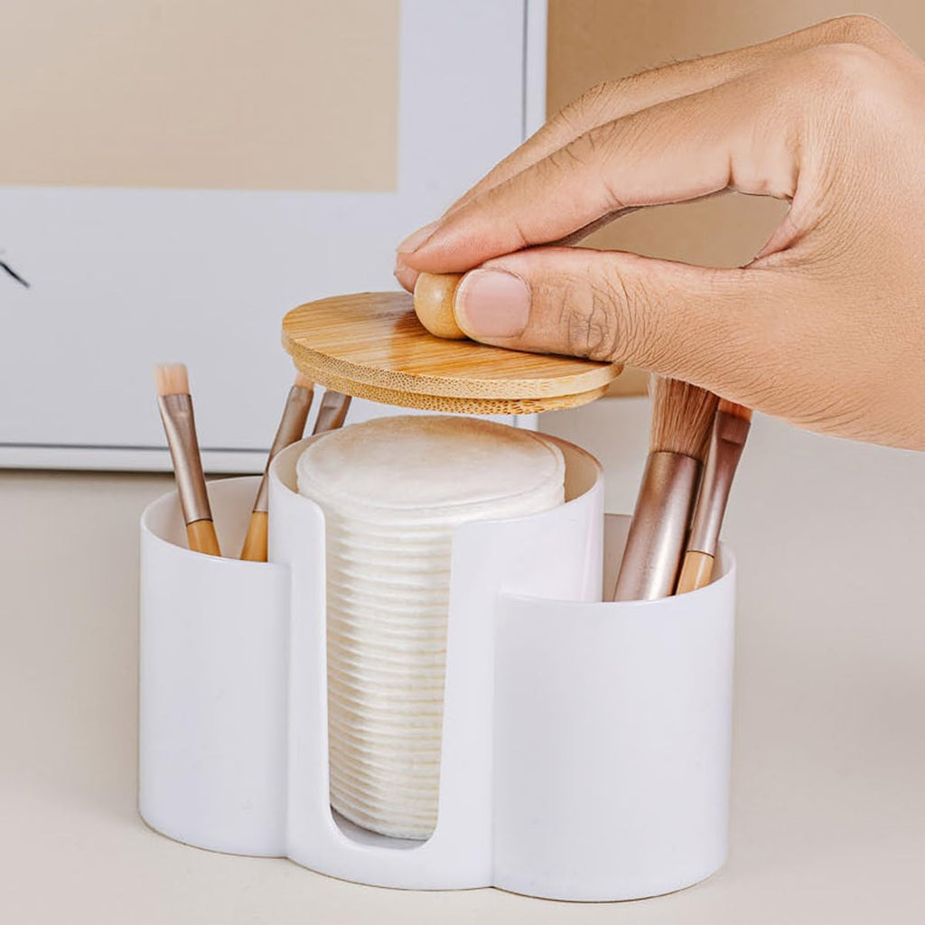 3-in-1 Q-Tip Holder for Bathroom – Premium Vanity Organizer Canister with Dustproof Lid for Cotton Swabs, Balls and Pads, Countertop Storage Container（Black）