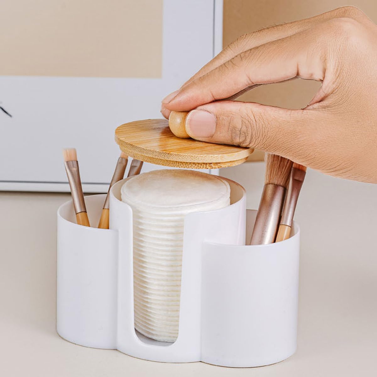 3-in-1 Q-Tip Holder for Bathroom – Premium Vanity Organizer Canister with Dustproof Lid for Cotton Swabs, Balls and Pads, Countertop Storage Container（Black）