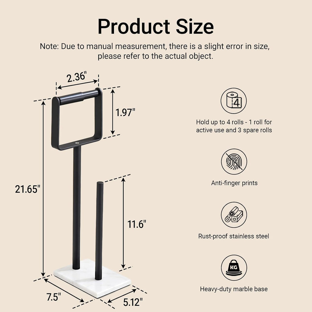 Hoooh Toilet Paper Holder Stand with Weighted Marble Base, Matte Black