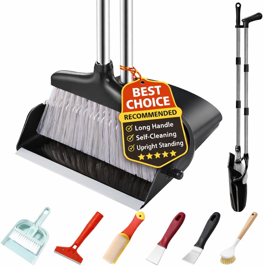 Broom and Dustpan Set with Long Handle and 6 Bonus Cleaning Tools, Upright Standing Combo with Self-Cleaning Teeth & Windproof Dustpan for Pet Hair, Home, Kitchen, Garage, Apartment